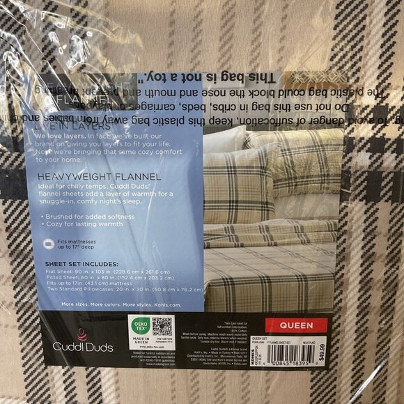 Cuddl Duds Queen Heavyweight Flannel Sheet Set Neutral Plaid Queen Size - Picture 6 of 6